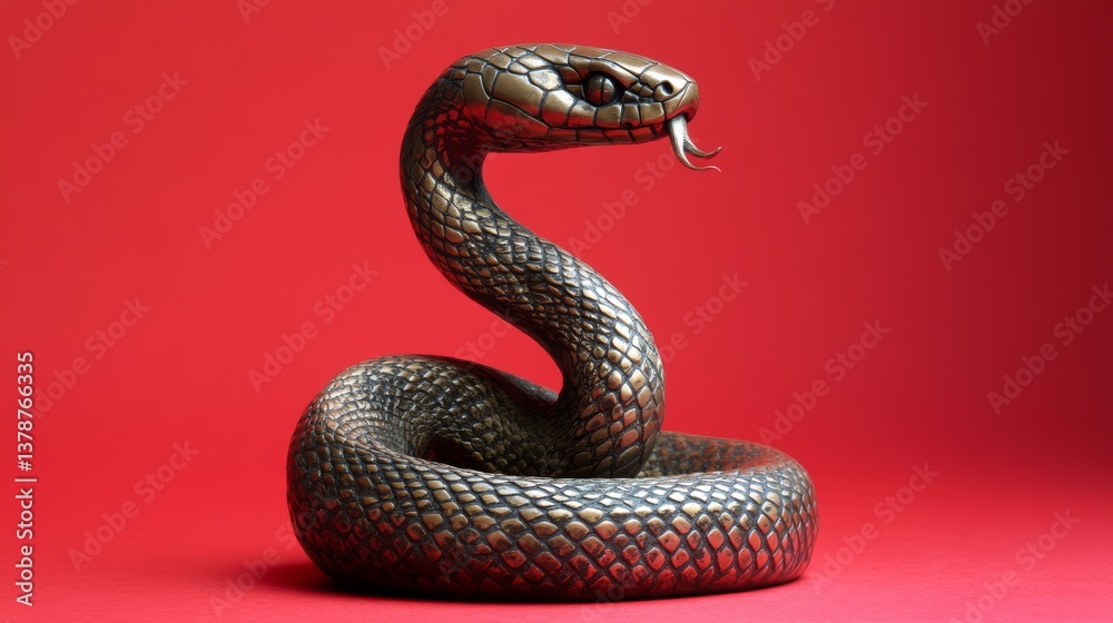 Obraz premium Bronze snake figurine on a red background. The symbol of 2025. Happy Chinese New Year.