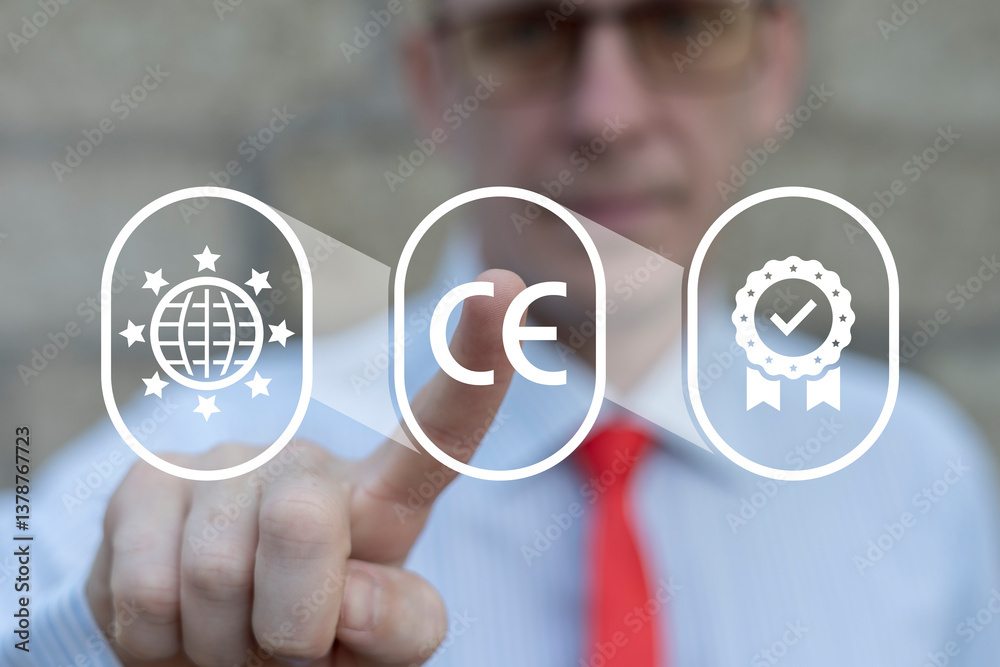 Businessman using virtual touch screen push acronym: CE. CE or Conformity European Certification Label Business Industry Standards Compliance Concept. C E Europe Certificate Quality Guarantee Mark.