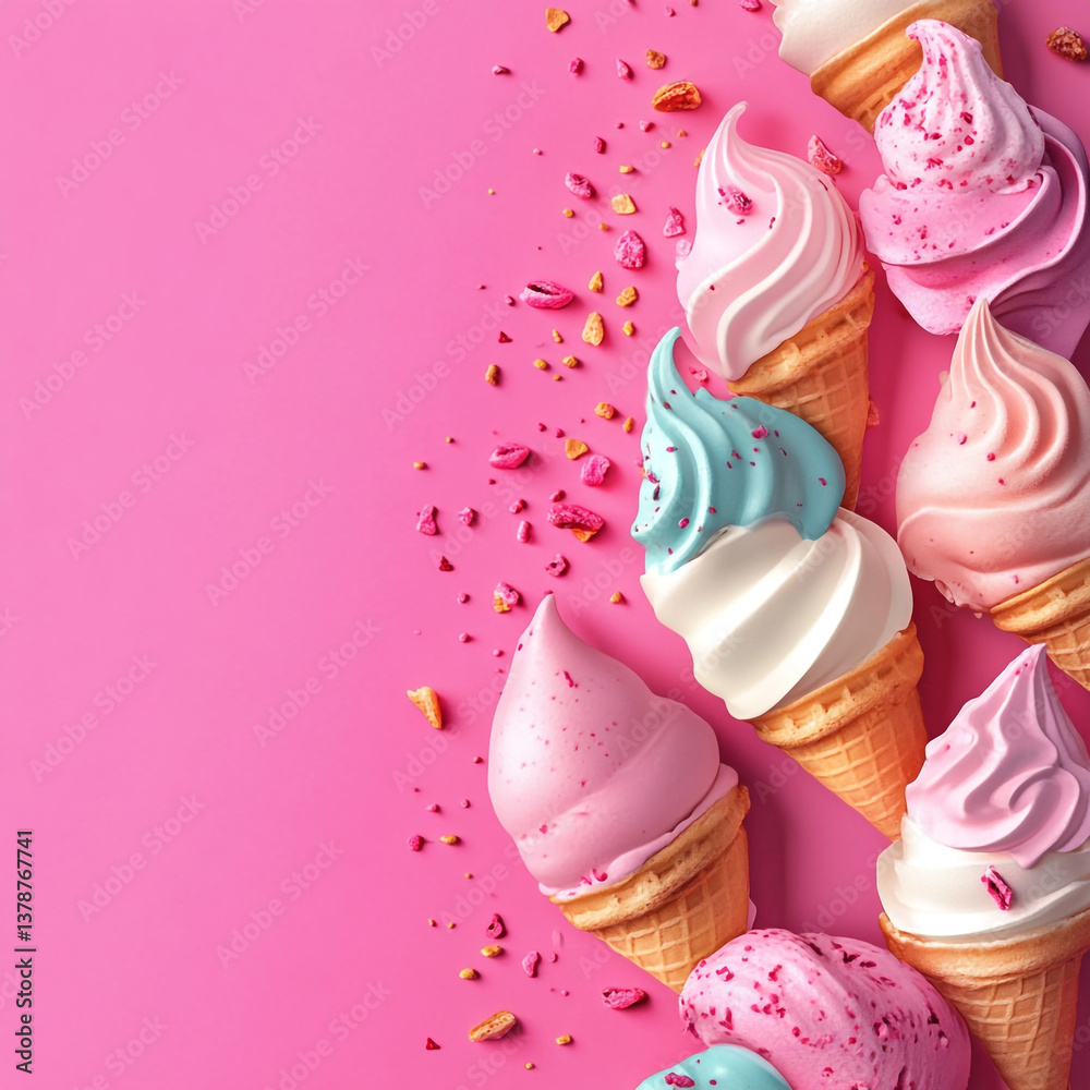 Pastel Ice Cream Cones Pink Background Sweet Summer Treats Photography