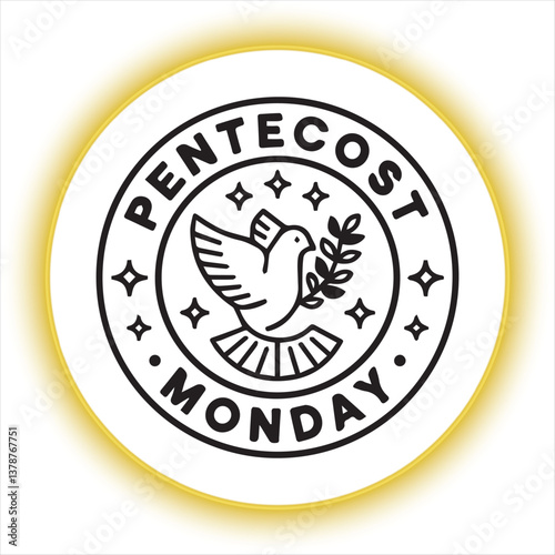 Pentecost Monday Vintage Emblem Design,Black and White Pentecost Dove Badge,Religious Pentecost Monday Symbol Vector,Dove with Olive Branch Pentecost Logo,Classic Pentecost Monday Stamp Design