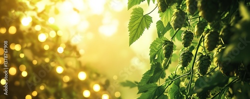 Green hop cones on a green leaves background with copy space, a banner for beer production