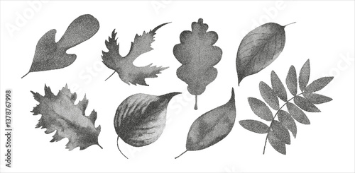 Grunge vintage leaves en halftones. Aesthetic graphic tattoo. Gothic punk poster.Trendy elements with retro photocopy effect.