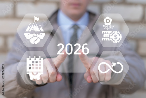 Obraz na płótnie Business person use virtual touch screen and push number: 2026. New year 2026 straightforward business concept. Planning, challenge, strategy, opportunity, hope, exit, and new life. w salonie