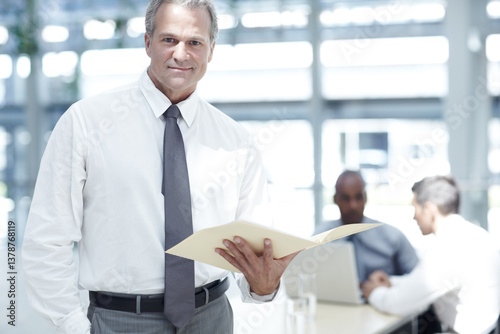 Foto Portrait, lawyer and businessman with file in office, case document and legal research at law firm