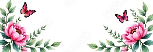 Watercolor hand painted nature romantic banner frame with green eucalyptus plants, pink blossom peony flowers and butterflies on the white background for invitations and greeting cards, invitations