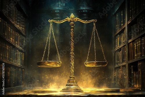Shiny golden balanced scale in court library background as concept justice and fairness legal symbol. Scale balance for righteous and equality judgment by lawyer and attorney. equility