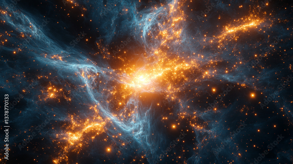Fototapeta premium A beautiful, colorful, and starry sky with a yellowish cloud in the middle. The sky is filled with stars and the yellowish cloud is surrounded by them