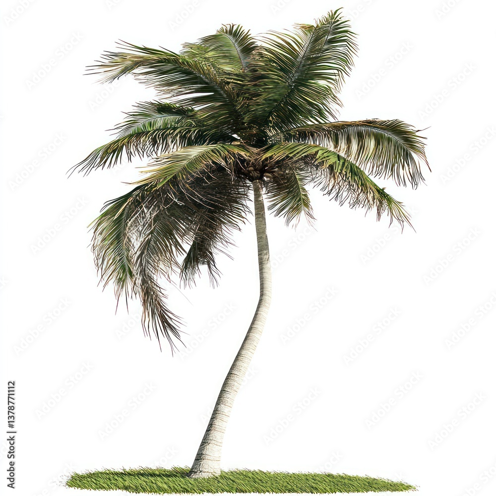 Fototapeta premium Beachside palm tree swaying in the wind, isolated from background