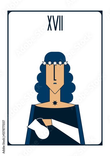 Simple vector image of a tarot card: the star in the form of a girl in a dark outfit with a jug in her hand