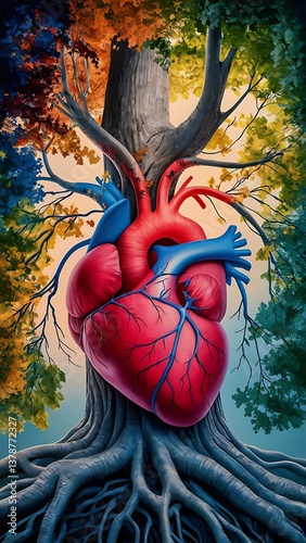 A human heart intricately intertwined with a tree  