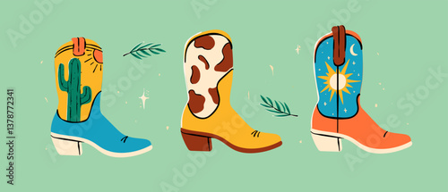 Cowboy western theme wild west concept. Various cowboy boots. Wild West Clipart icons. Hand drawn colored Vector set. All elements are isolated. And drawn colored flat vector illustration.
