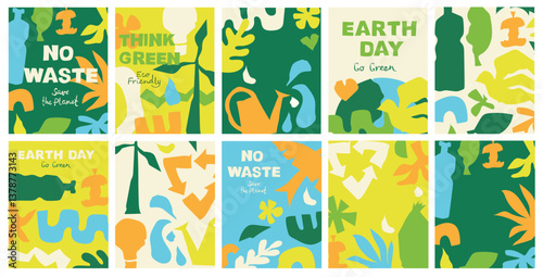 Set of Save the planet and Ecology illustrations for the Earth Day posters and cards. Layouts for prints, flyers, covers, banners design. Eco concepts. Vector illustration