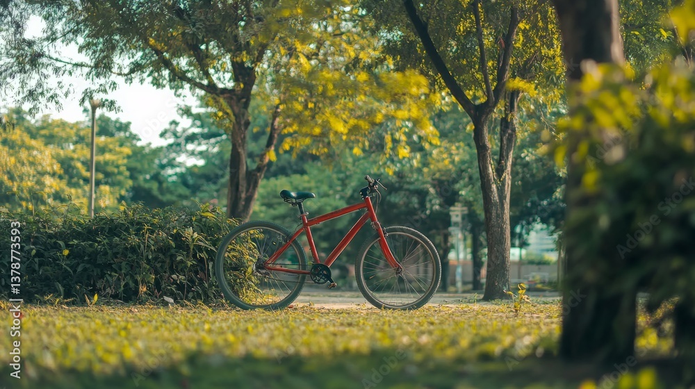 Fototapeta premium A bicycle parked near a green park, promoting eco-friendly transportation generative ai