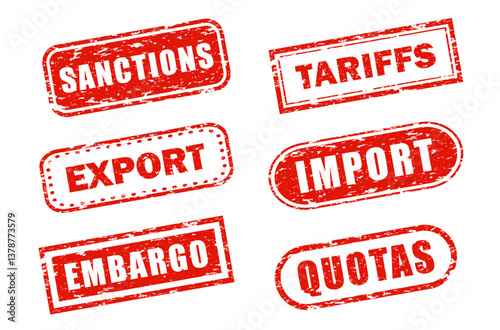 Distressed red rubber stamps various shapes with text - Tariffs, Sanctions, Quotas, Import, Export, Prohibited, Embargo. Stamped text isolated on transparent background. Geopolitics, global economy