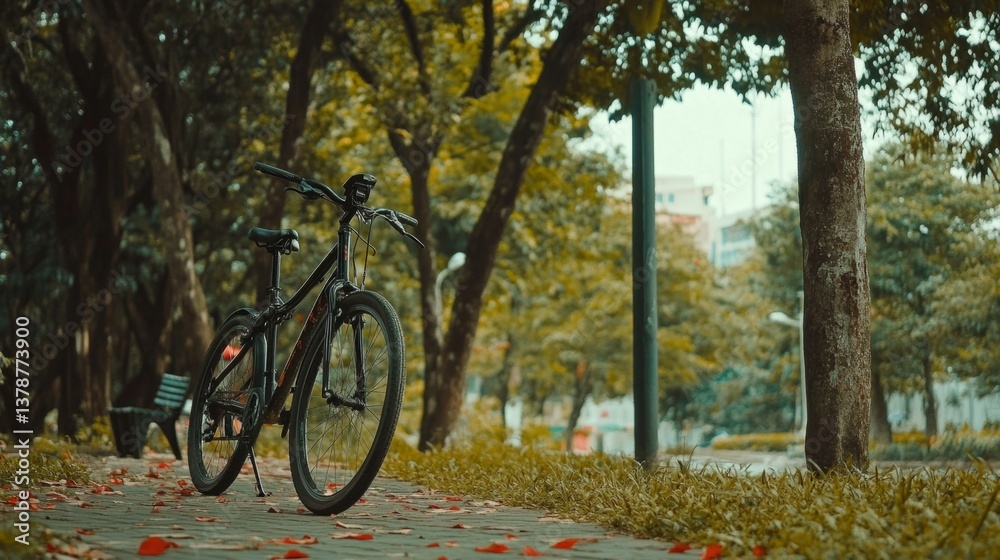 Fototapeta premium A bicycle parked near a green park, promoting eco-friendly transportation generative ai