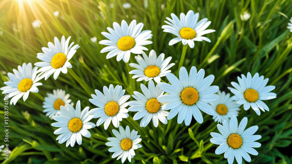Fototapeta premium White daisies illuminated by sunbeams with glare on green background. Fresh wild delicate flowers. Close-up. Copy space for text.