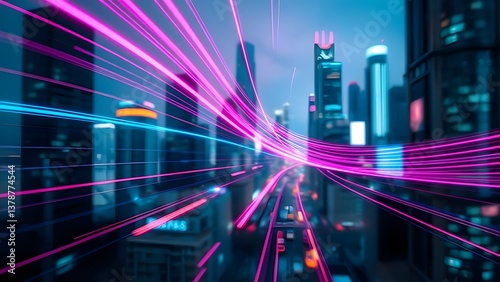 Abstract city night design with glowing colorful lines and motion