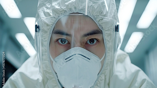 A close-up portrait of a charismatic infectious disease doctor wearing a special mask.