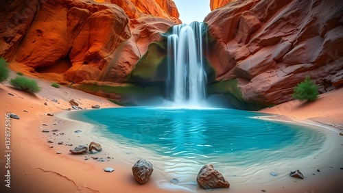 Beautiful waterfall flowing through desert and mountain landscapes with rocks and greenery