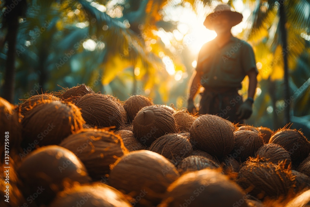 Obraz premium A worker gathers harvested coconuts at sunset in a tropical plantation, with sunlight filtering through lush palm trees, creating a serene atmosphere Generative AI