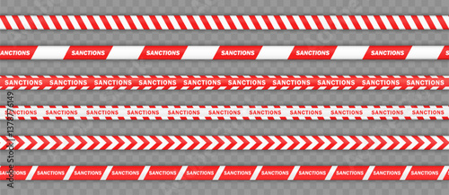Set of 6 various SANCTIONS tapes: red-white barrier stripes, warning line, banner for political penalties. Seamless barricade ribbons . Political conflicts, trade penalties, diplomatic disputes, war