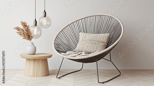 A stylish chair with soft accents and modern lighting