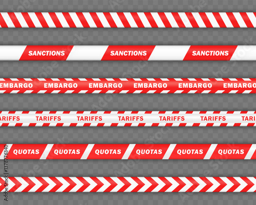 Set of isolated red and white seamless warning tapes, striped border ribbons with text SANCTIONS, EMBARGO, TARIFFS, QUOTAS. Geopolitical barrier lines for trade, customs, export-import zones