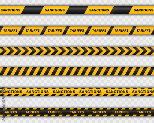 Set of yellow-black seamless warning lines with repeated texts SANCTIONS and TARIFFS. Isolated striped barrier ribbons, barricade tapes for economic zones, trade barriers, and geopolitical restriction
