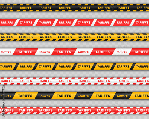 Set of 8 red and yellow striped tapes with TARIFFS text isolated on transparent background. Barrier ribbons, Barricade warning lines for geopolitical trade visuals and financial regulation designs.