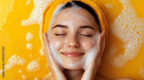 Smiling woman enjoying a refreshing face wash.