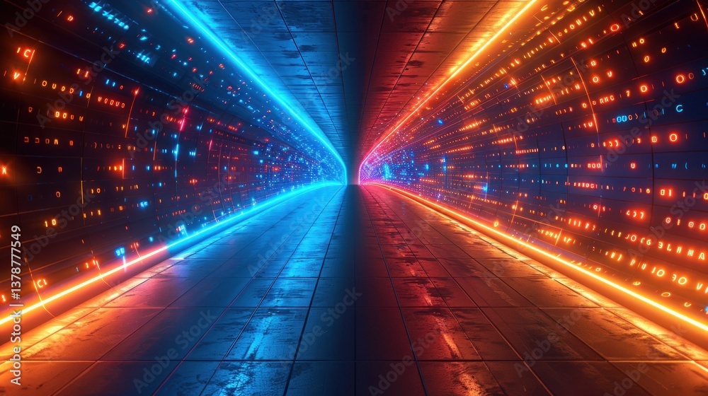 Obraz premium Neon tunnel, vibrant colors, futuristic corridor, data stream background