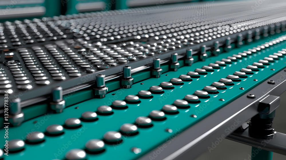 Fototapeta premium A close-up view of a machine component featuring numerous metallic buttons on a teal surface, showcasing an industrial setting.