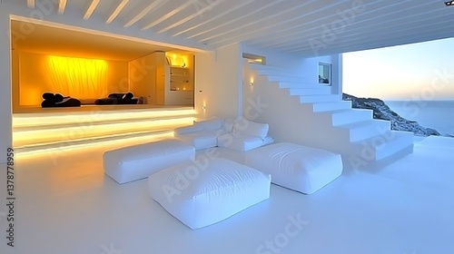 Bright modern architectural interior showing white furniture and seaside views