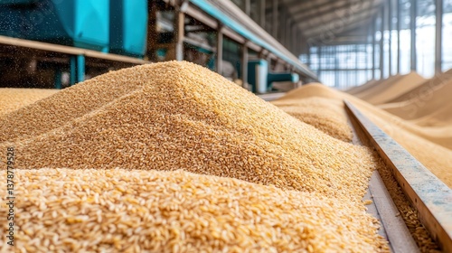 A close-up view of mounds of rice grains, showcasing their texture and color in a large storage facility.