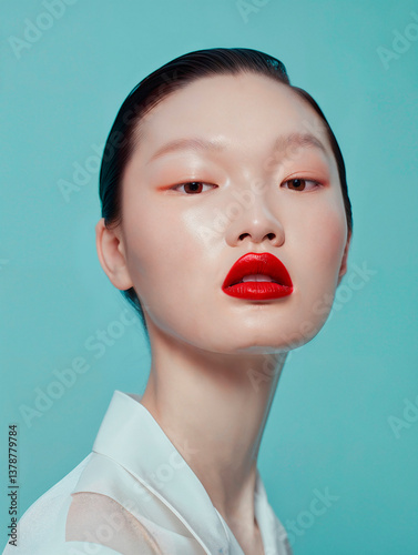 portrait de jeune femme asiatique avec rouge à lèvre intense, éditorial beauté cosmétique, soin de la peau et des cheveux, maquillage léger, soin d'hydratation et protection de la peau et des lèvres