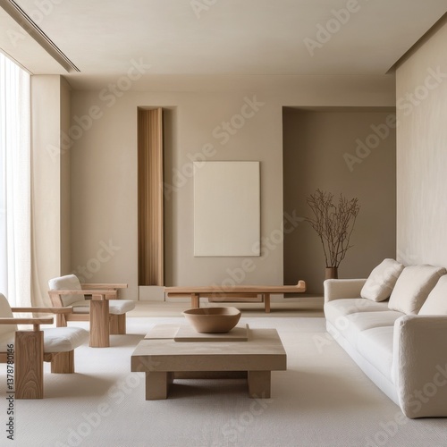 Modern minimalist living room interior with natural light  