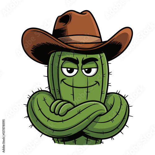 a comic style image of a smirking, cactus with
their arms crossed and wearing a cowboy hat
