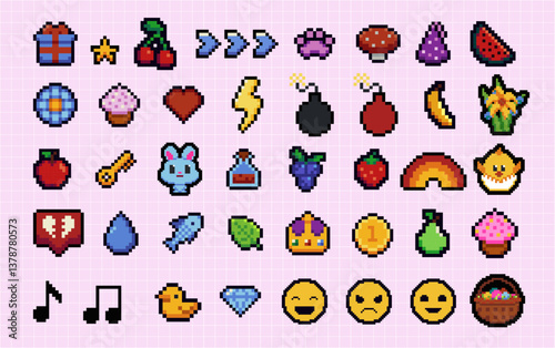 Set of pixel art speech bubbles and icons. Wow. Surprise. Bang. Bomb. Retro game style dialogue box and elements vector collection. Pixels Y2k trendy playful stickers. 8bit. Mood of 90's aesthetics