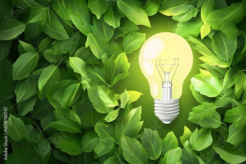 Top View Vector Illustration: Green Eco-Friendly Lightbulb from Fresh Leaves for Energy Saving and Environmental Sustainability
