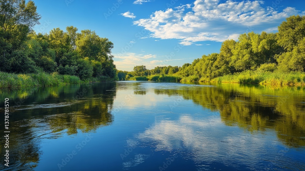 A clean river reflecting a blue sky, surrounded by lush greenery, symbolizing water conservation generative ai A clean river reflecting a blue sky, surrounded by lush greenery, symbolizing water conservation generative ai