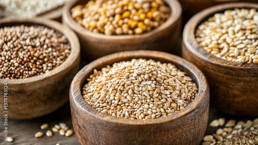Diverse Selection of Raw Seeds in Rustic Wooden Bowls Diverse Selection of Raw Seeds in Rustic Wooden Bowls
