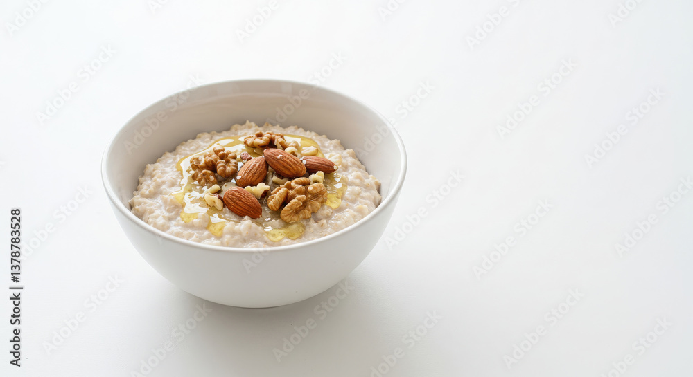 Oatmeal porridge with honey and nuts in a white plate on a white minimalist background. A detox program with a proper breakfast. Oatmeal porridge with honey and nuts in a white plate on a white minimalist background. A detox program with a proper breakfast.