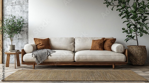 Modern living room with comfortable sofa and plants