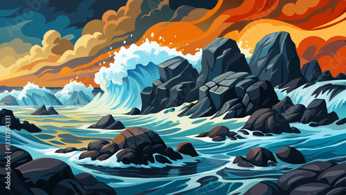 dark volcanic rocks along a stormy coastline, rocky beach landscape