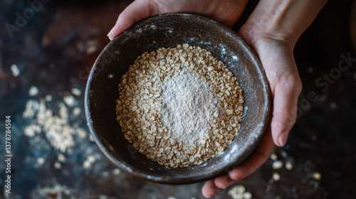 Hands Holding Bowl of Oats and Flour on Rustic Wooden Surface