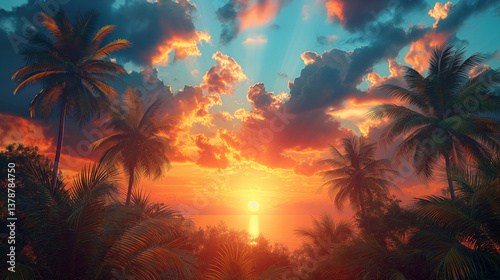 Stunning Tropical Sunset Through Palm Trees with Colorful Sky
