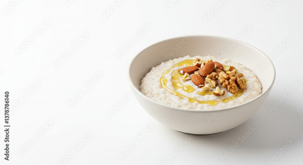Oatmeal porridge with honey and nuts in a white plate on a white minimalist background. A detox program with a proper breakfast. Oatmeal porridge with honey and nuts in a white plate on a white minimalist background. A detox program with a proper breakfast.