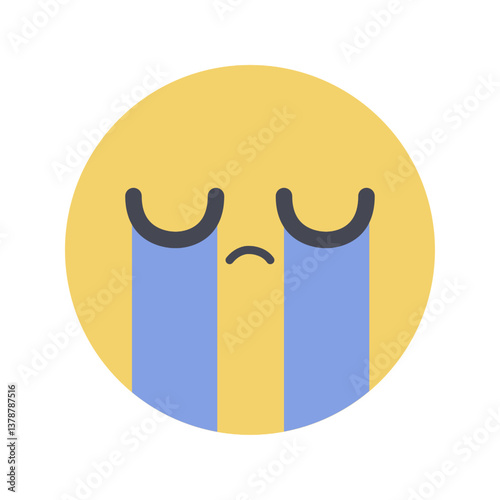 A flat vector illustration of a crying emoji with large blue tears streaming down its yellow face. The emoji has a sad expression with downturned eyebrows and a frown.