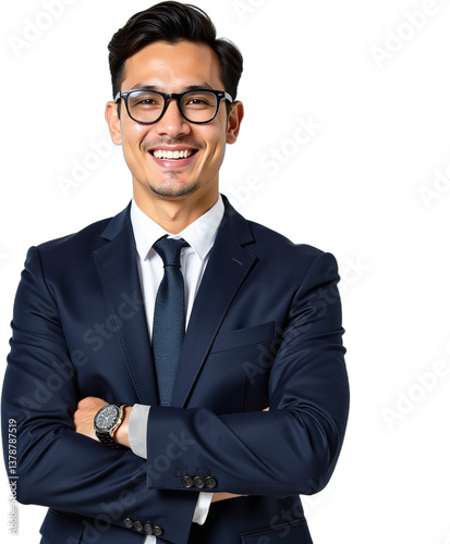 Young Professional Dressed In A Suit Exudes Confidence As He Smiles Confidently With A Calm And Relaxed Demeanor On A White Background.