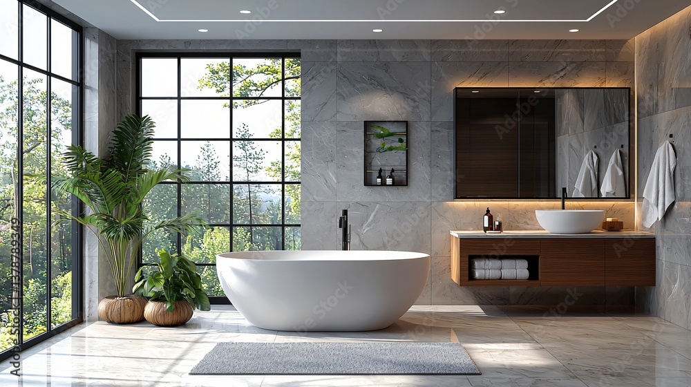 Fototapeta premium Modern bathroom with forest view